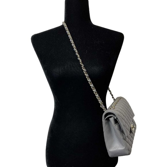 CHANEL - NEW 22A Classic Medium Double Flap Dark Grey CC Shoulder Bag - Picture 4 of 12